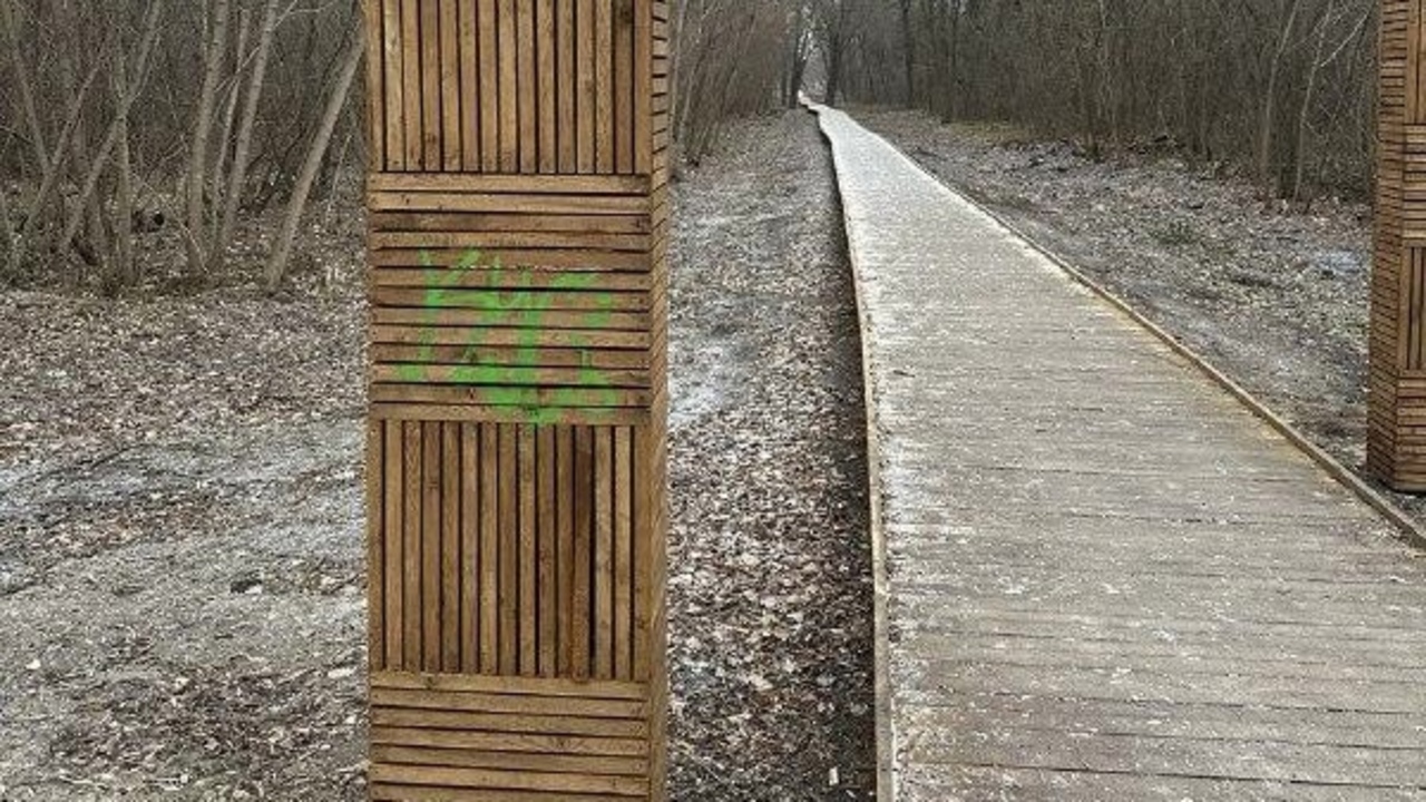 В Курске в парке «Боева дача» вандалы разрисовали стелу на экотропе